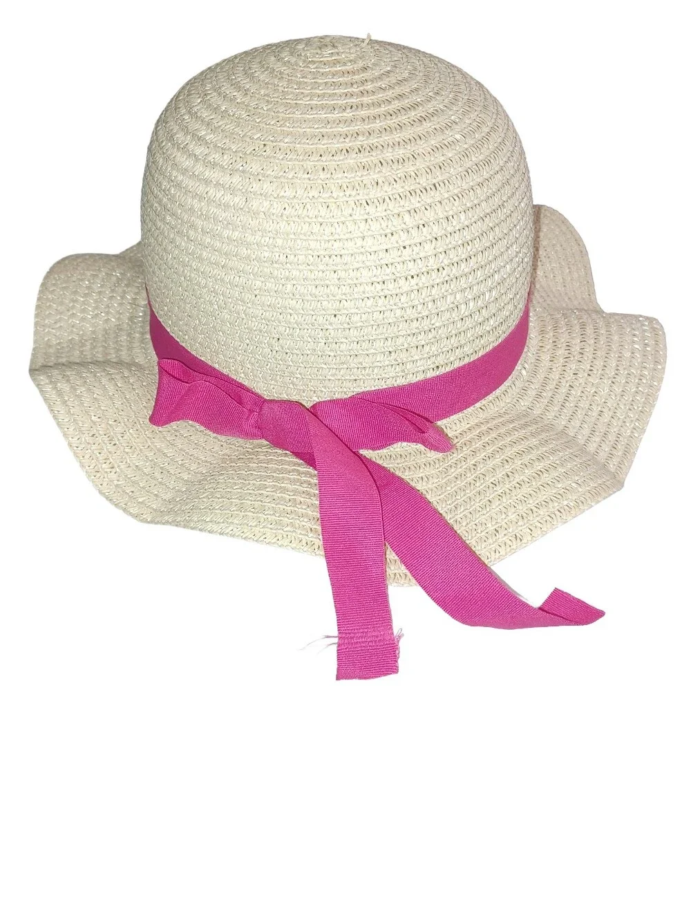 Children's Wide Brim Straw Hat With Pink Ribbon